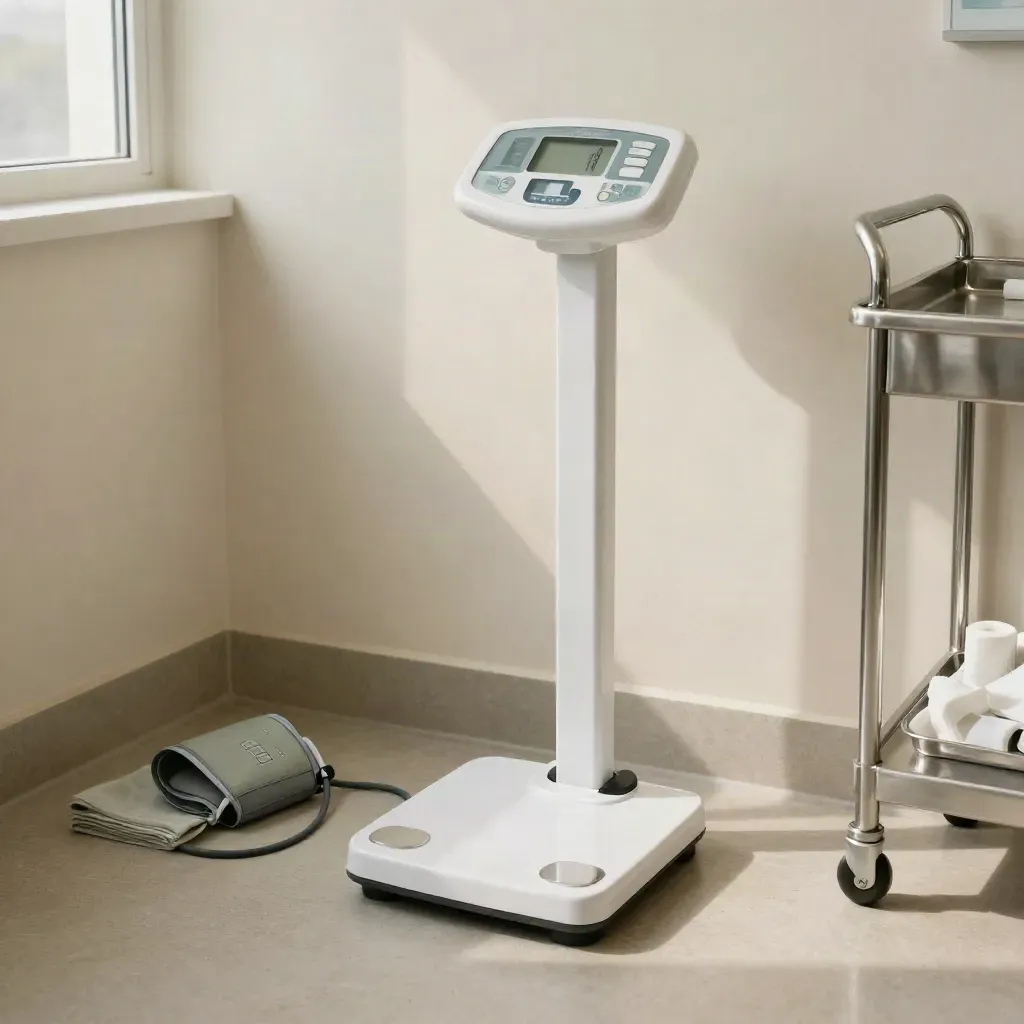 Reset health-screening tools in a clinic bay: scale, cuff, oximeter and tray in soft daylight.