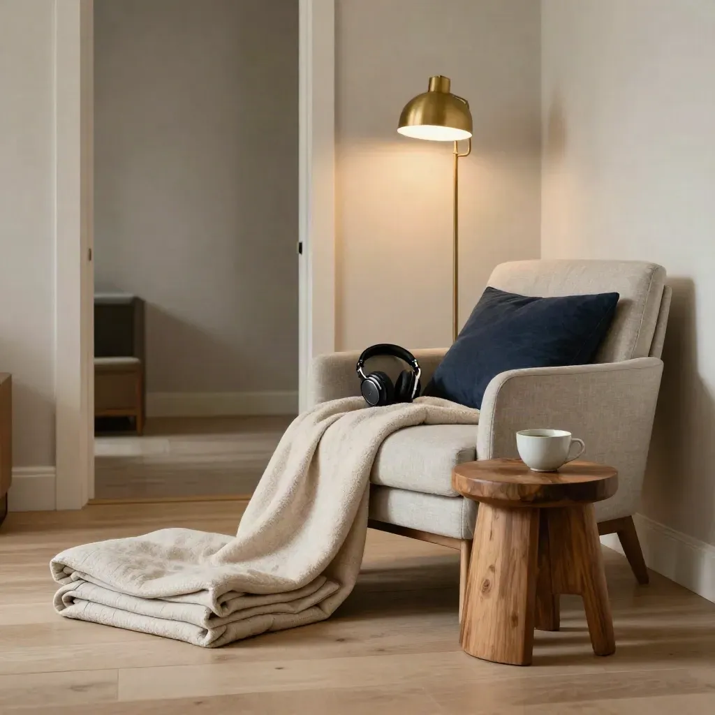 Quiet wellbeing corner with weighted blanket, tea cup, lamp and headphones in a calm home room.