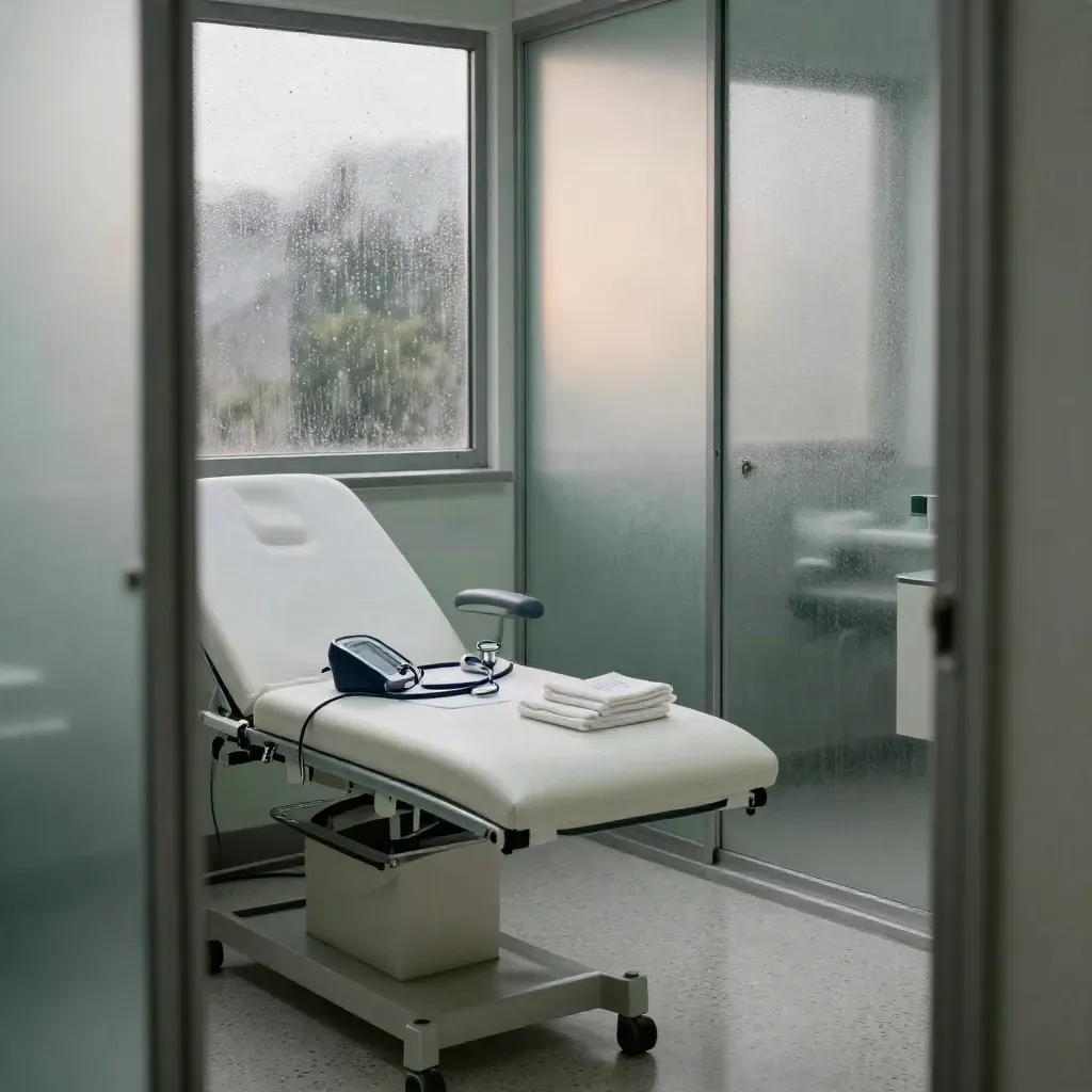 Rainy morning private GP suite with exam couch, monitor, stethoscope and frosted glass.