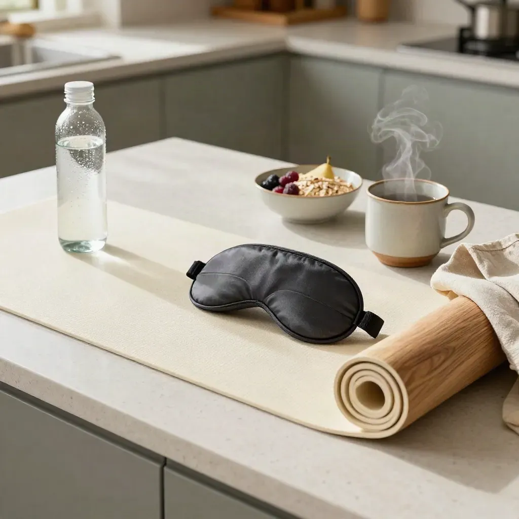 Yoga mat, oats, steam mug, water bottle and sleep mask on a kitchen counter.