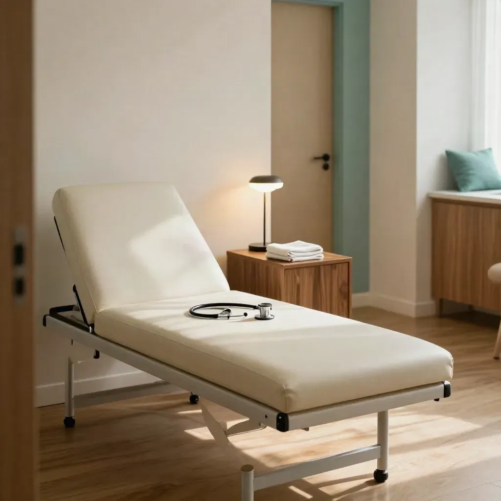 Unoccupied private GP room with exam couch, lamp, stethoscope and mug in soft morning light.