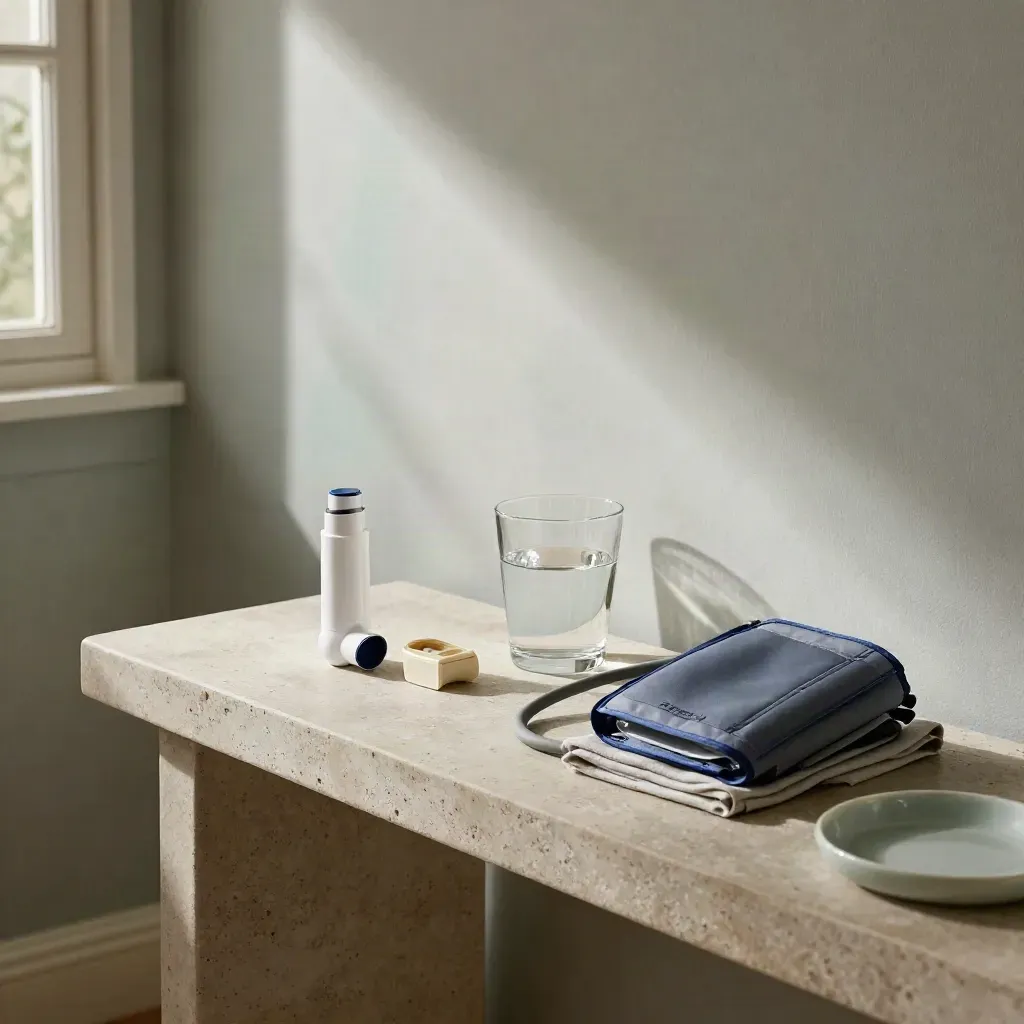 Home health station with inhaler, spacer, pill organiser and blood-pressure cuff on stone.