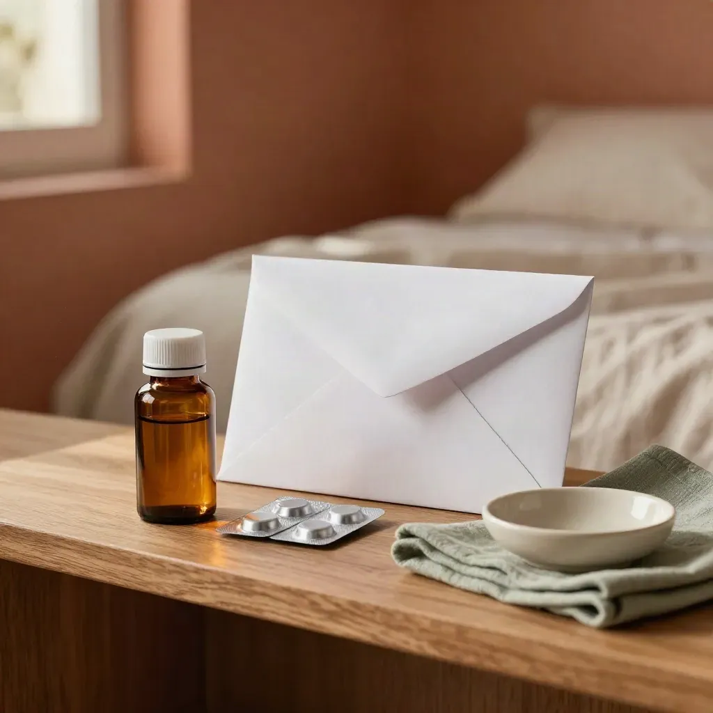 Amber medicine bottle, blister strips, and a white envelope on a bedside shelf.