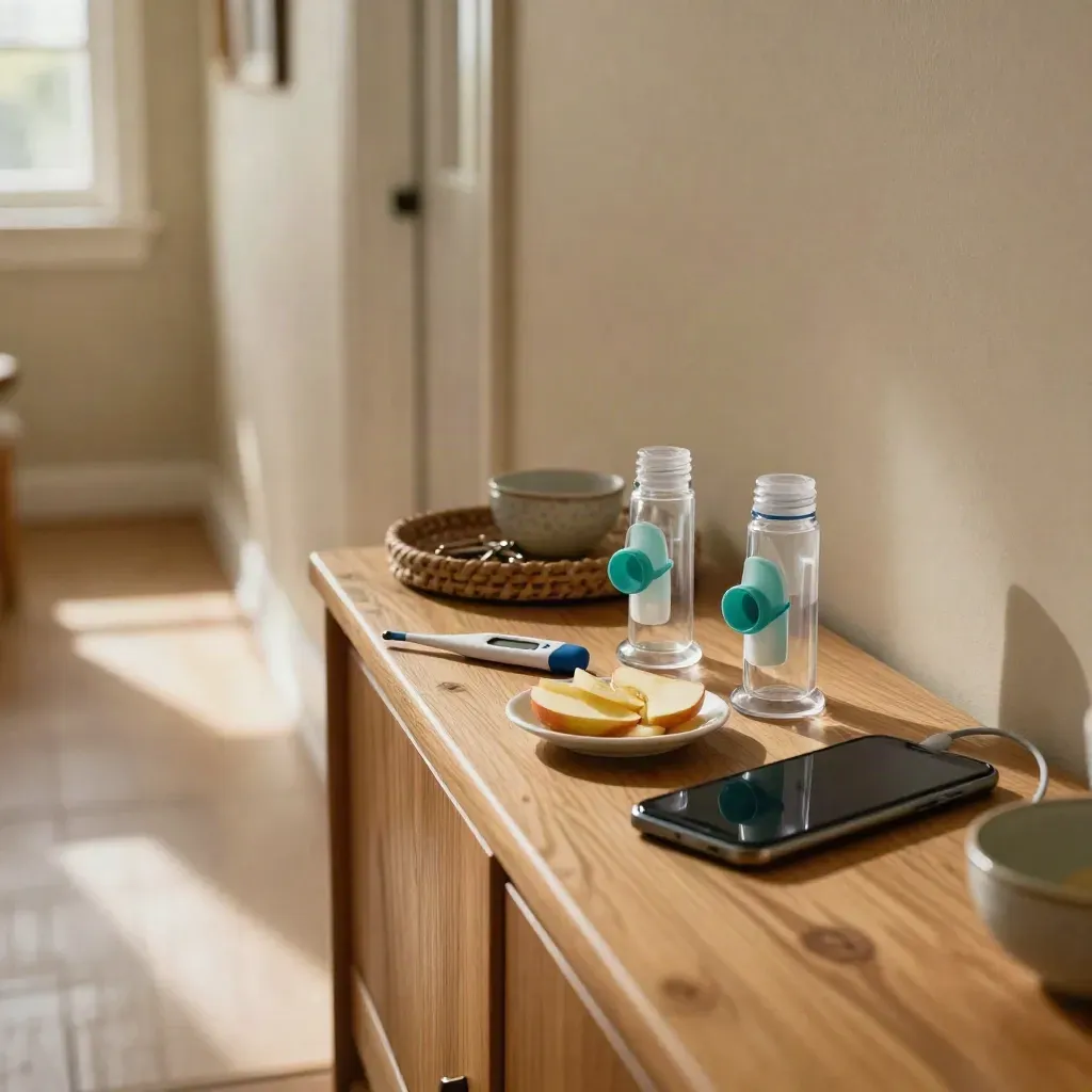 Hallway sideboard with inhaler spacers, thermometer, apple slices and charging phone in warm afternoon light.