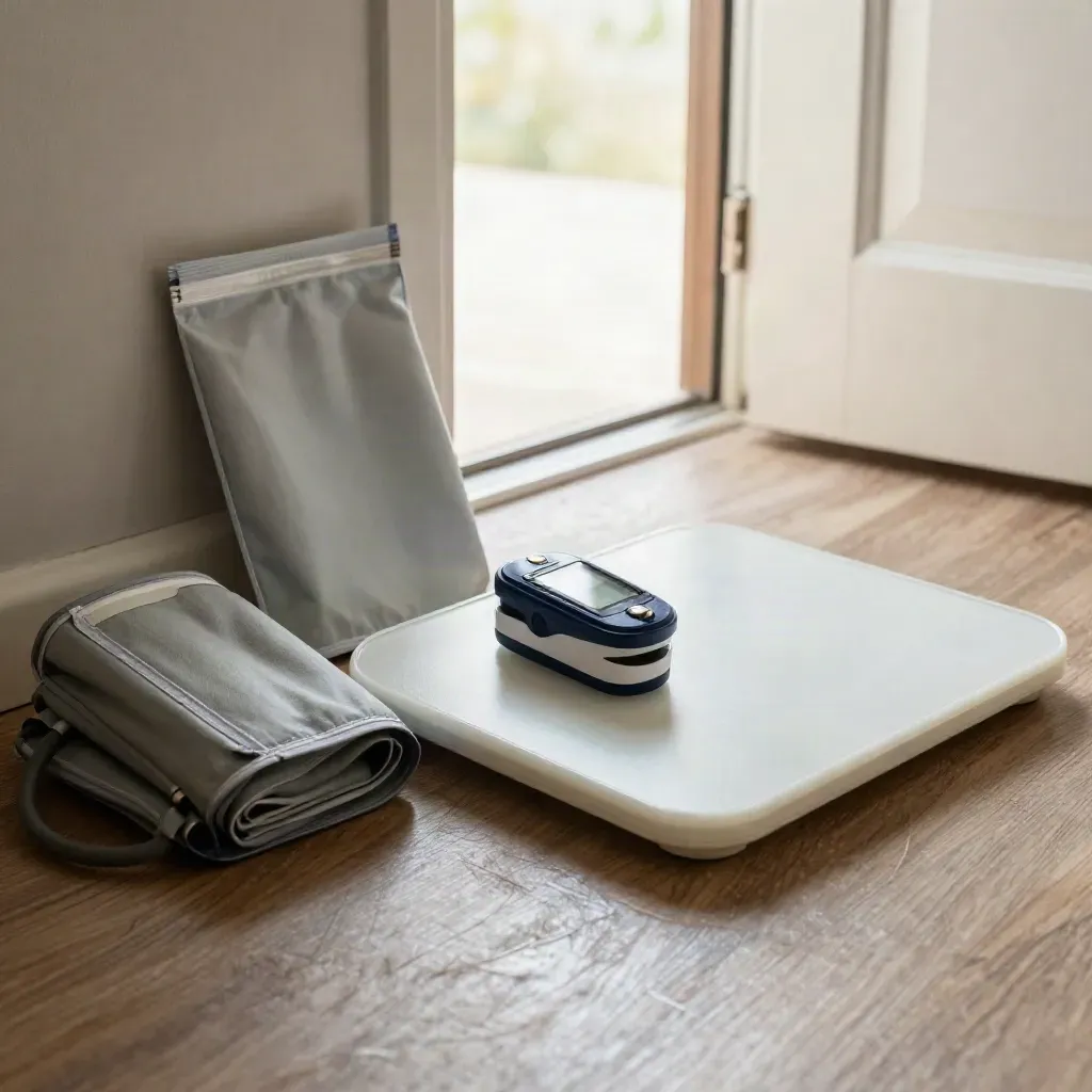 Packed screening kit by a hallway door with cuff, scale, oximeter, and courier pouch.