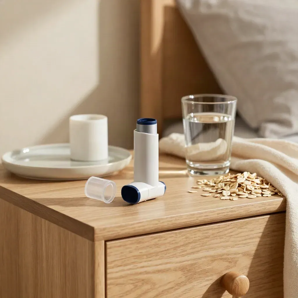 Bedside asthma support setup with inhaler, open spacer, water glass, and folded throw in warm daylight.