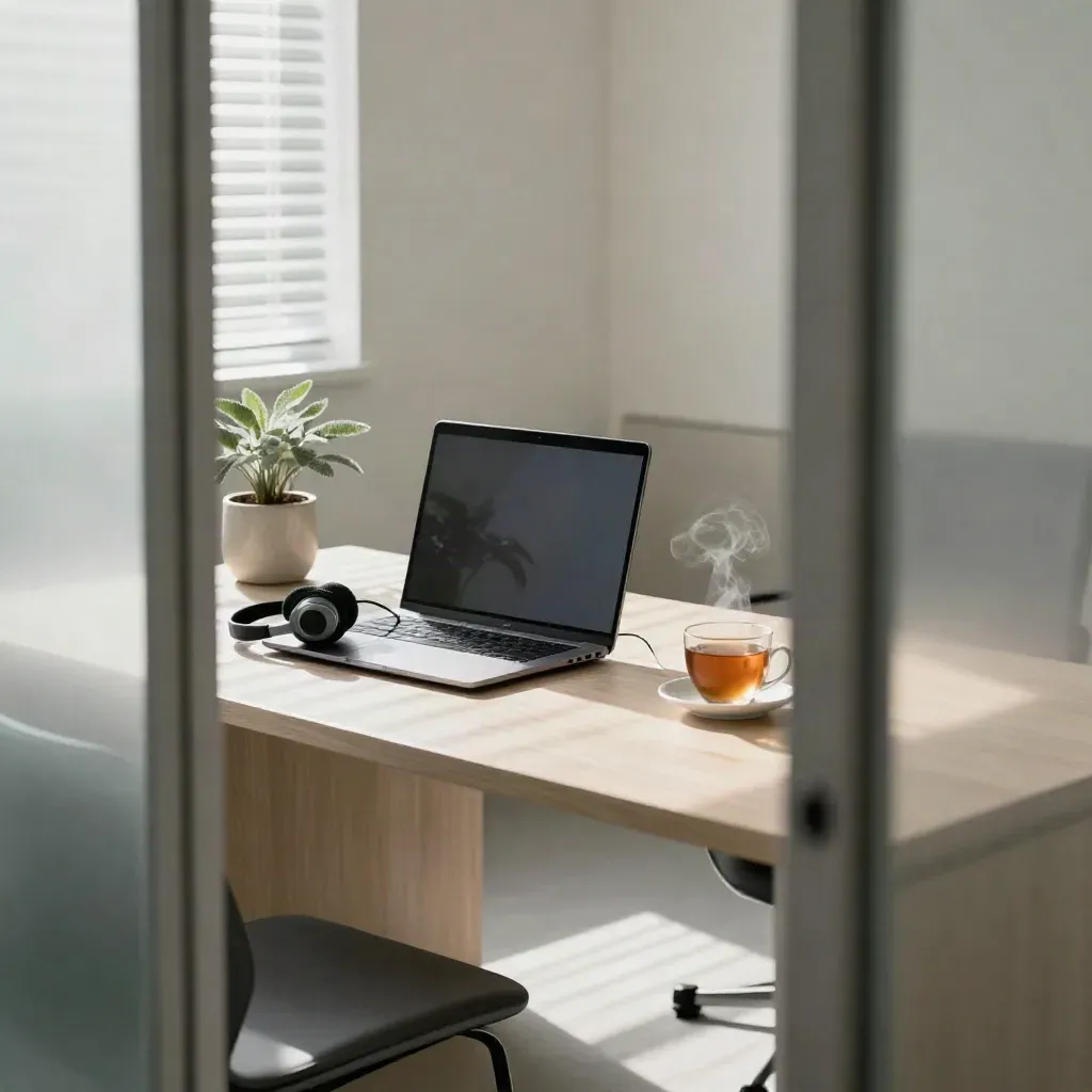 Calm office desk with closed laptop, headset, plant and tea in soft daylight.