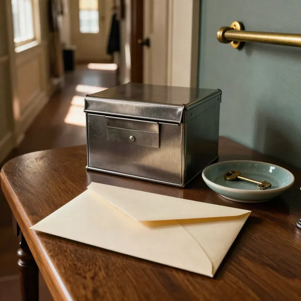 Sealed referral envelope, postal box and key tray on a hall table in warm afternoon light.