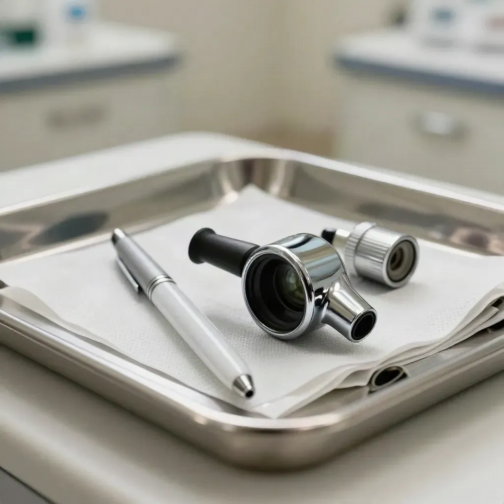 Macro of GP tools on a stainless tray: otoscope, penlight and cuff valve