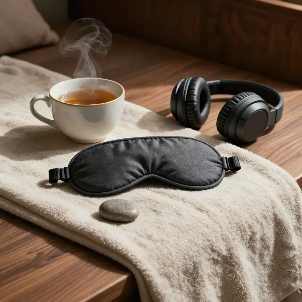 Eye mask, herbal tea, headphones and stone on a wool throw in moody wellness light