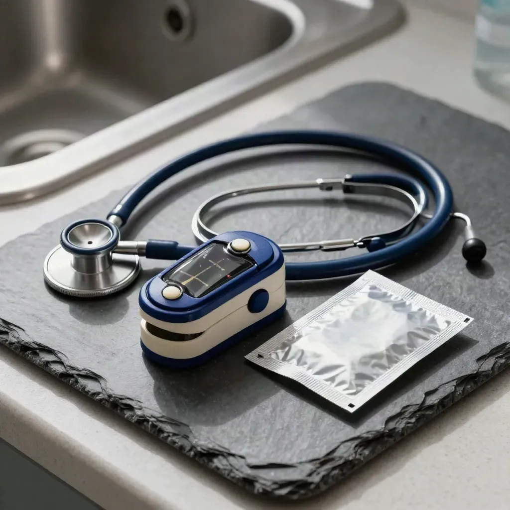 Pulse oximeter clip, stethoscope tubing and swab packet on a slate clinical counter.