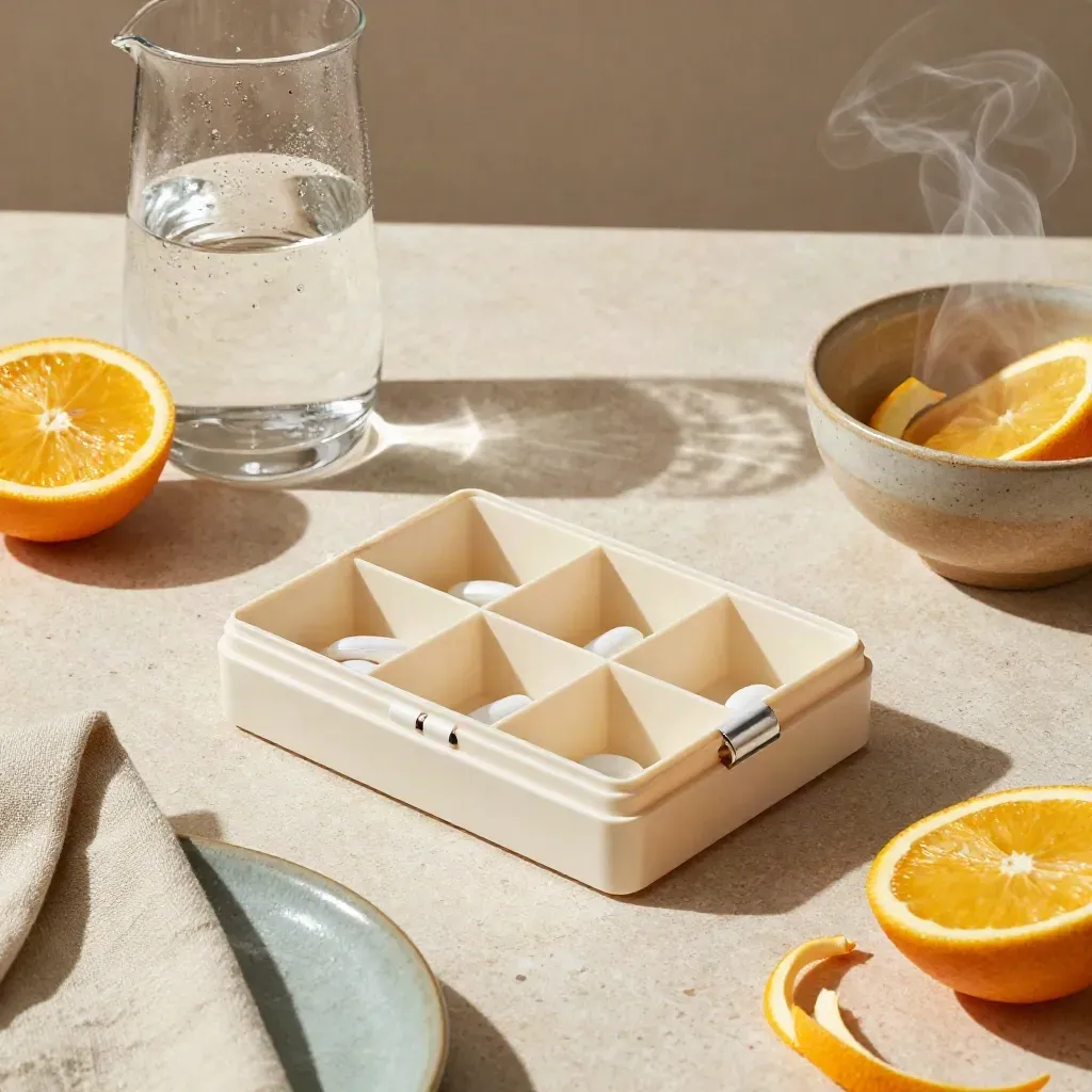 Top-down still life of pill organiser, water carafe, citrus slices and steaming ceramic bowl on pale stone.