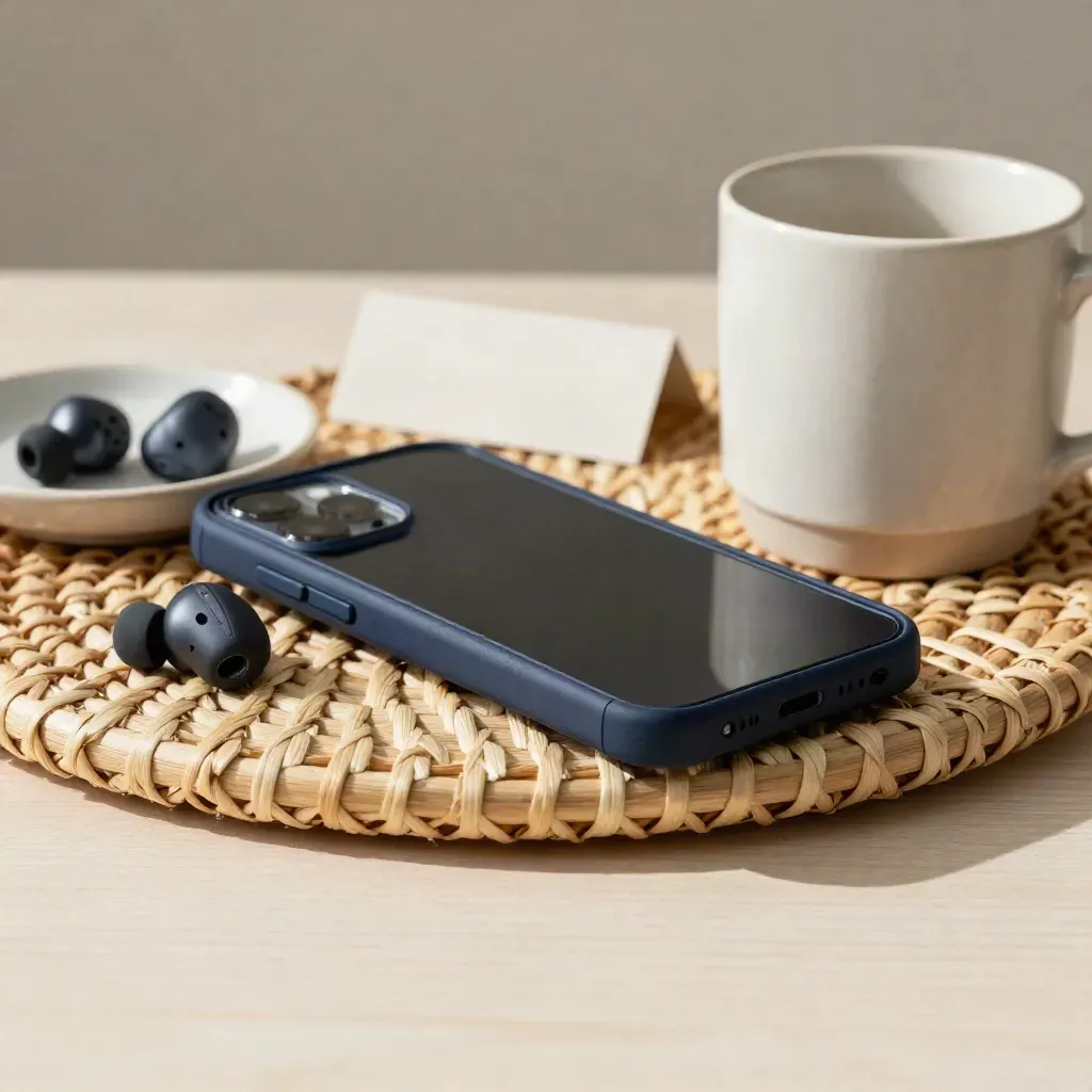 Overhead smartphone on woven tray with earbuds and mug, vibrating beside a blurred booking card.