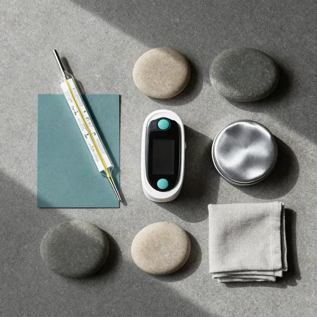 Overhead flatlay of thermometer, pulse oximeter, pill tin and stones on a stone slab.