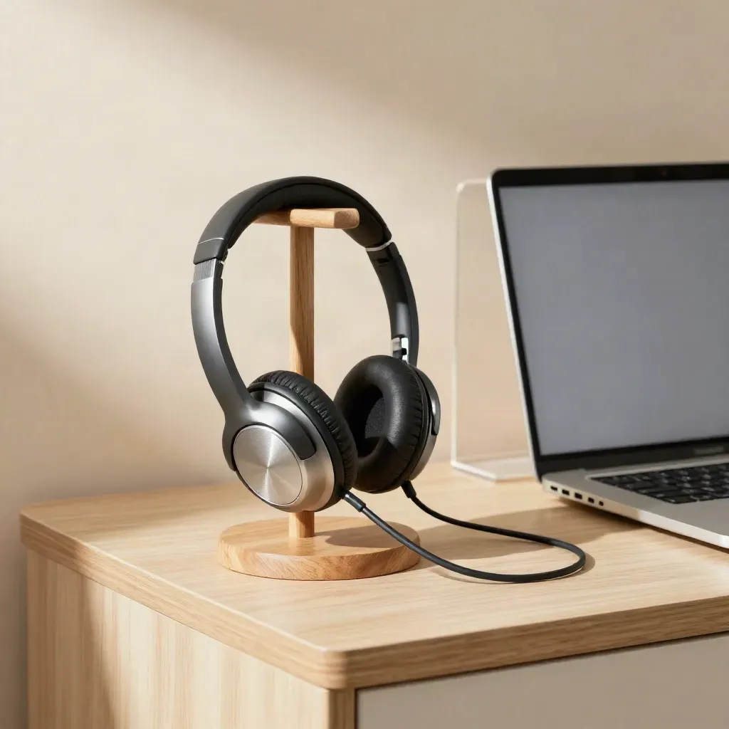 Corded headset on an oak stand beside a lamp and closed laptop in a calm clinic desk scene.