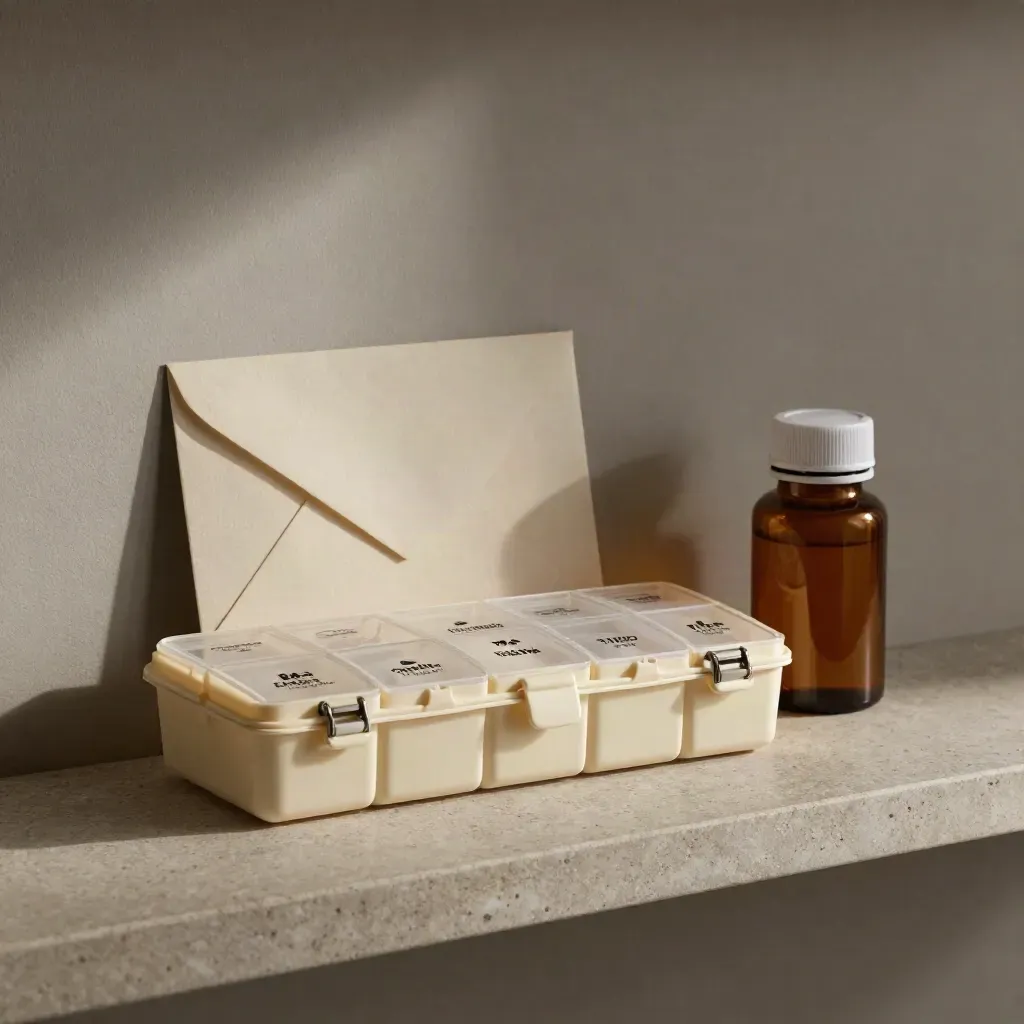 Pill organiser, turned medicine bottle, and envelope on stone shelf in soft side light.