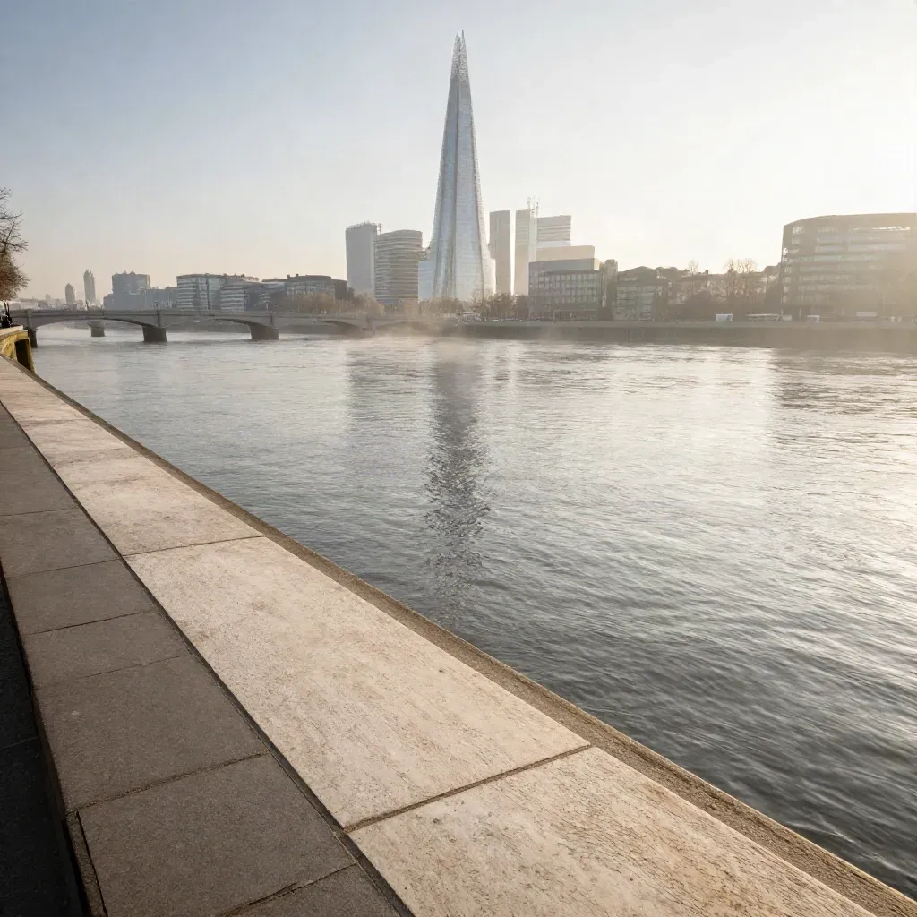 The Thames and Shard skyline in dawn haze above calm water, with bridge silhouettes high.