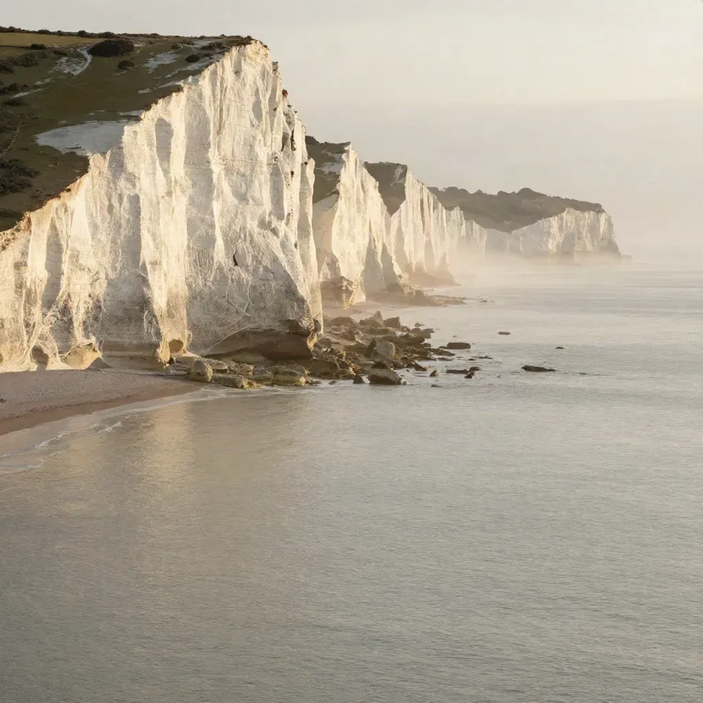 White cliffs above a misty sea at golden hour, wide calm coastline view