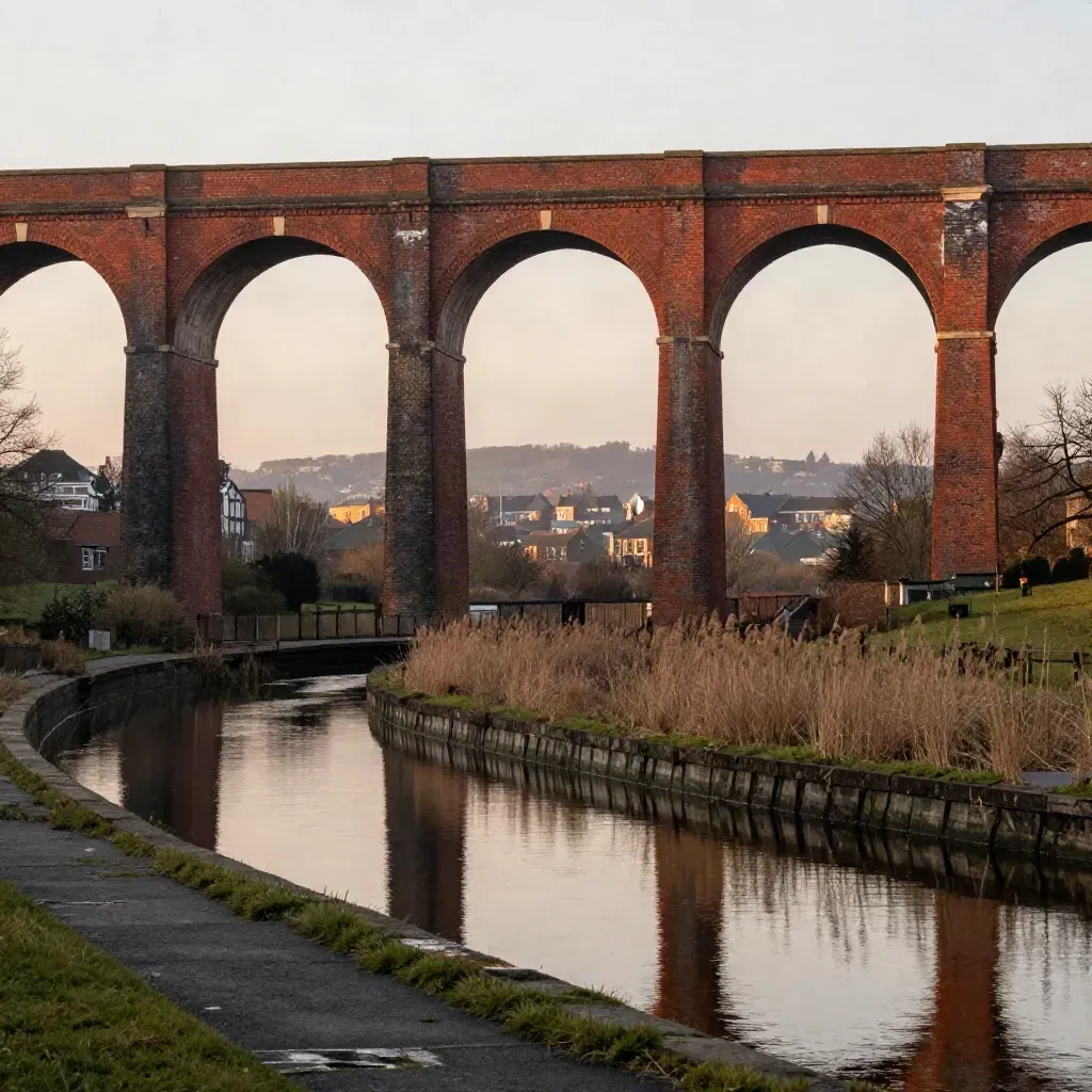 Sunset over a red-brick viaduct above a still canal with hazy city edge