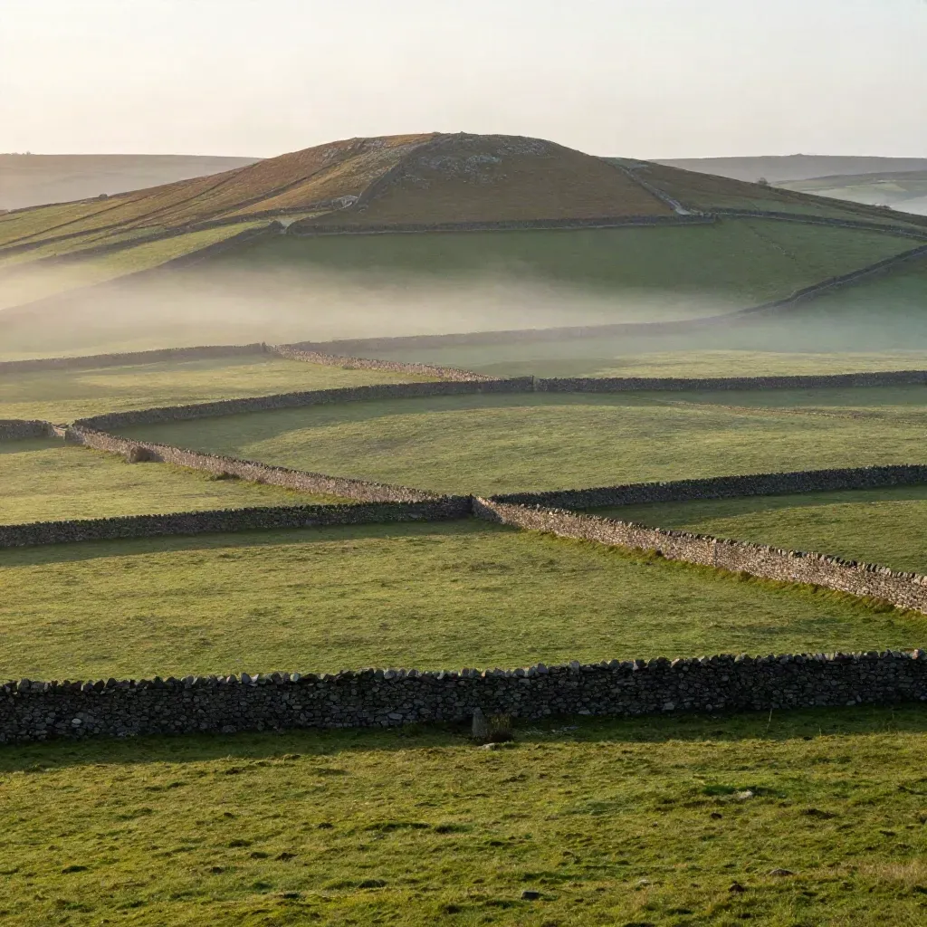 Misty patchwork fields and dry-stone walls glowing at dusk with calm copy space below.